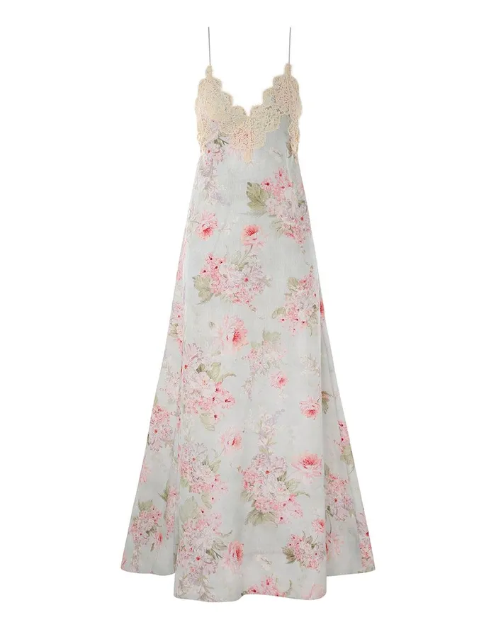 Women Dresses and Coverups Zimmermann Halliday ALine Maxi Dress Blue Watercolour Floral