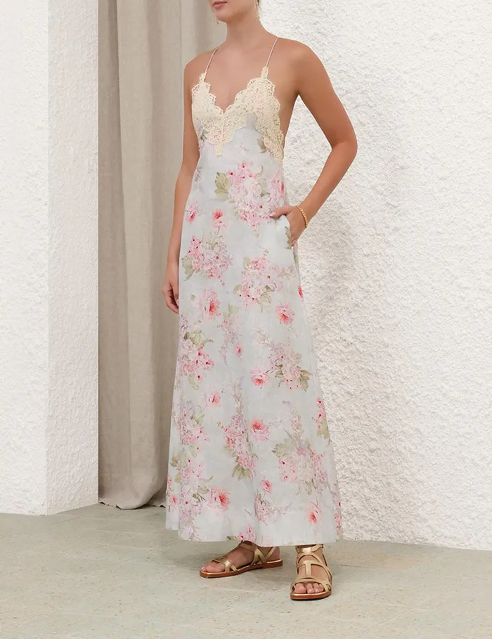 Women Dresses and Coverups Zimmermann Halliday ALine Maxi Dress Blue Watercolour Floral