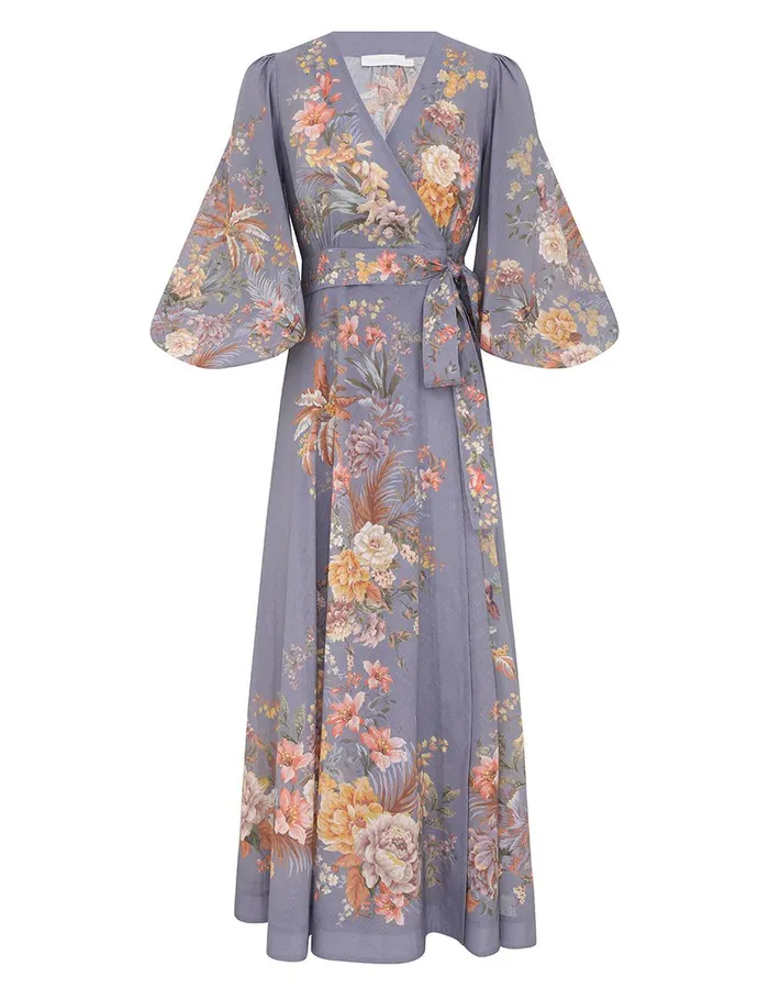 Women Dresses and Coverups Zimmermann Tallow Wrap Midi Dress Teal Multi Floral
