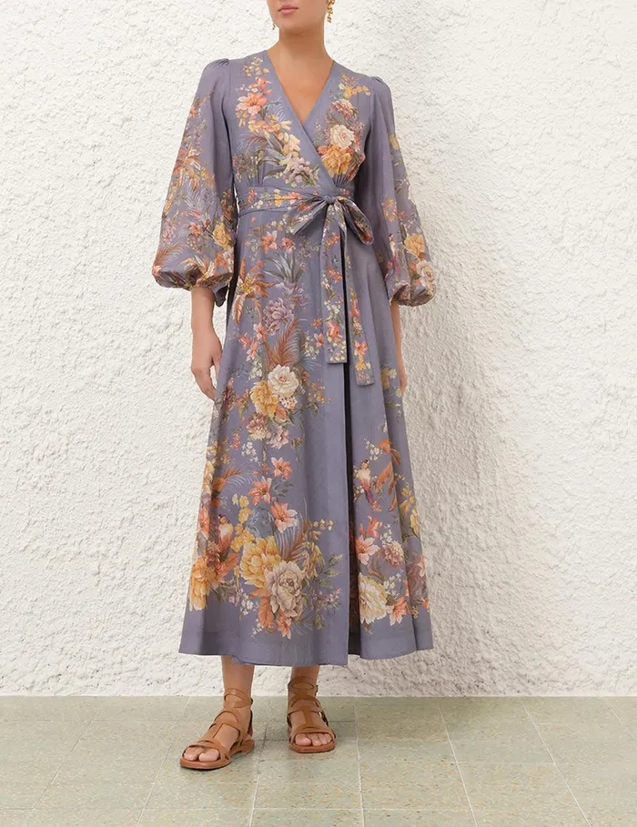 Women Dresses and Coverups Zimmermann Tallow Wrap Midi Dress Teal Multi Floral