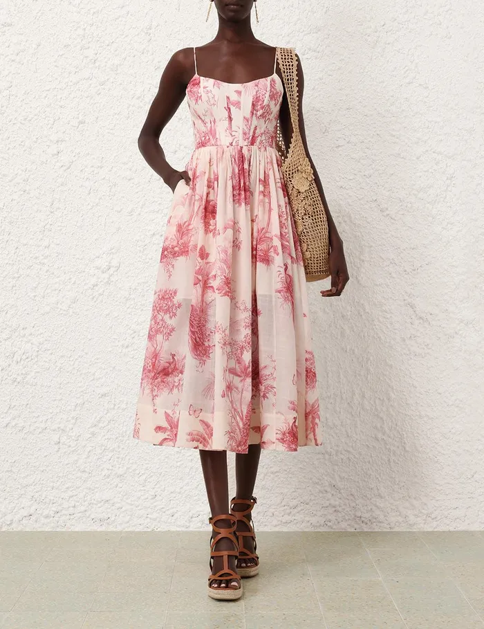 Women Dresses and Coverups Zimmermann Waverly Corset Midi Dress Pink Palm
