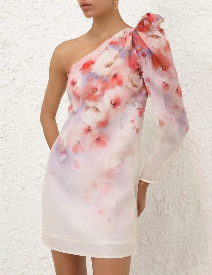 Women Dresses Zimmermann Crush Asymmetrical Mini Dress Scarlet Floral