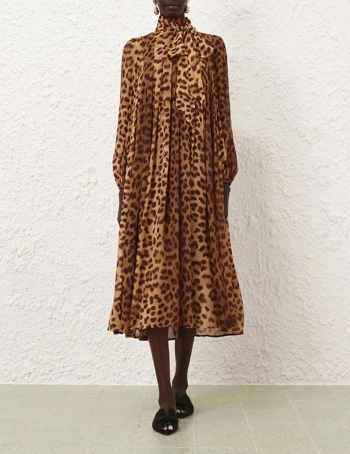 Women Dresses Zimmermann Crush Tie Neck Midi Dress Leopard