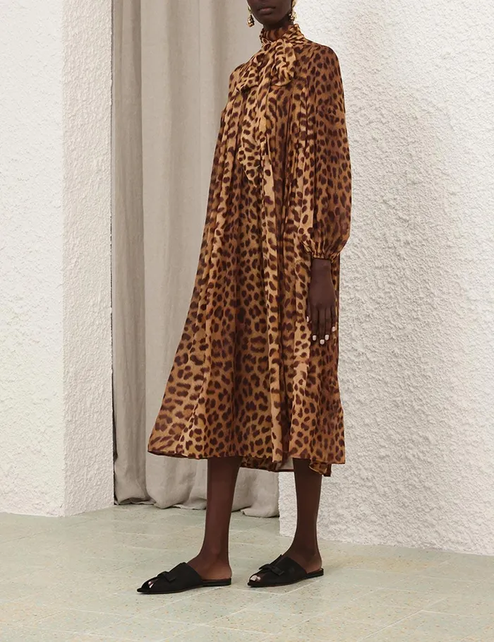 Women Dresses Zimmermann Crush Tie Neck Midi Dress Leopard