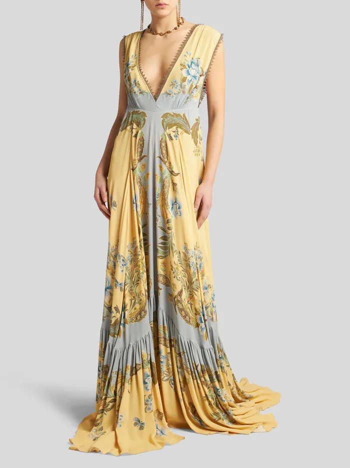 Women Etro Dresses Crepe De Chine Dress With Print Yellow Women Etro Dresses Crepe De Chine Dress With Print Yellow