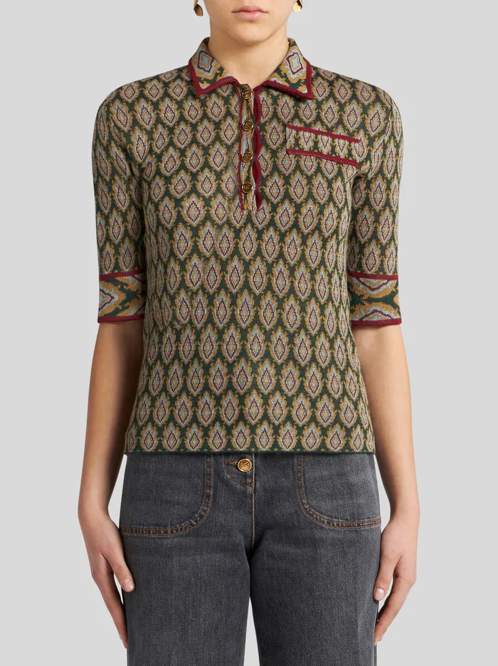 Women Etro Knitwear Knit Jacquard Polo Shirt Green Women Etro Knitwear Knit Jacquard Polo Shirt Green