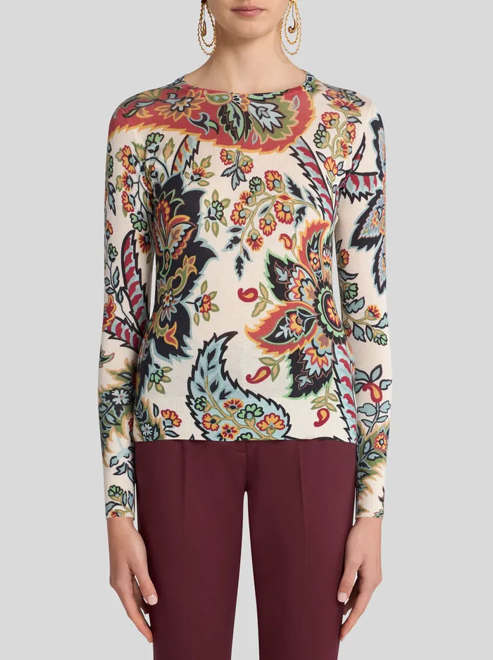 Women Etro Knitwear Paisley Silk And Cashmere Sweater Beige Women Etro Knitwear Paisley Silk And Cashmere Sweater Beige