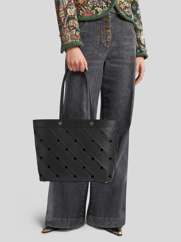 Women Etro Shopping Bags Medium Tote Bag With CutOuts Black Women Etro Shopping Bags Medium Tote Bag With CutOuts Black