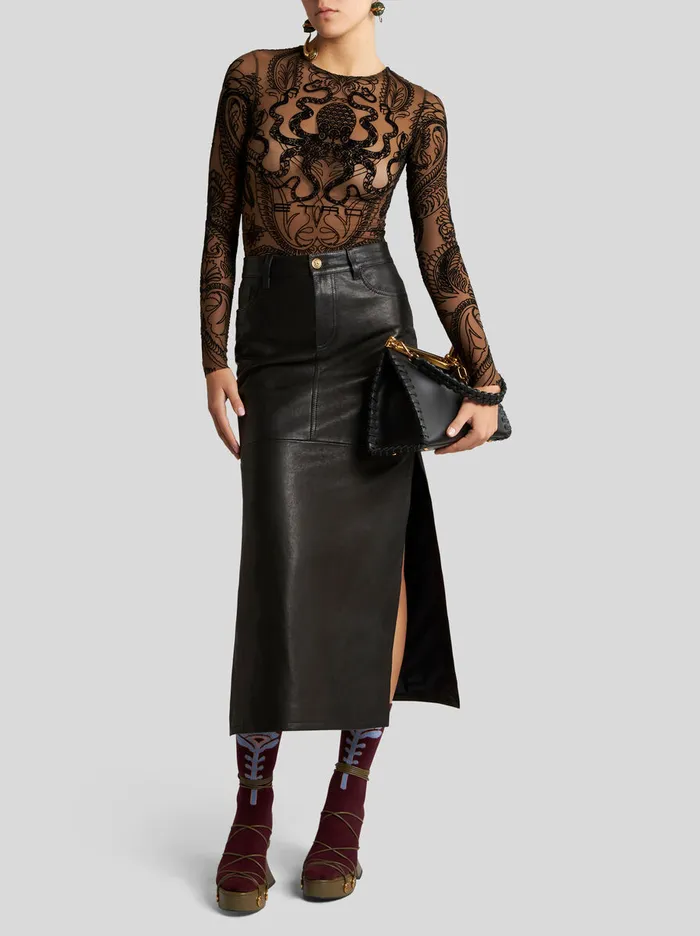 Women Etro Skirts Nappa Leather Midi Skirt Black