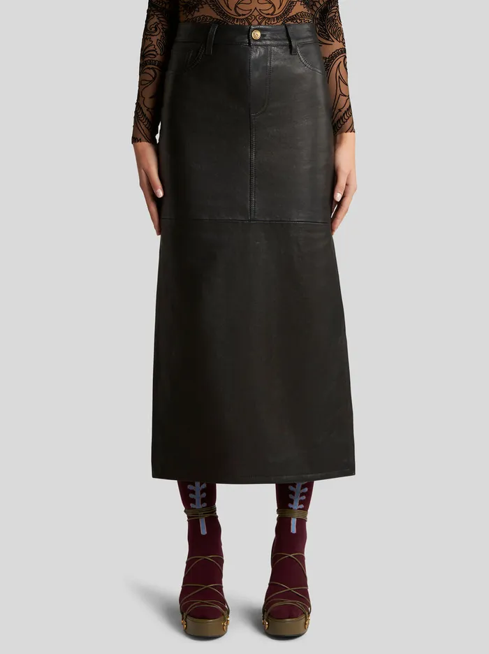 Women Etro Skirts Nappa Leather Midi Skirt Black