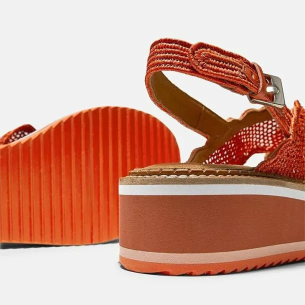 Women FEEL Coral Red Raffia Clergerie Sandals