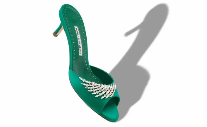 Women Green Satin Jewel Embellished Mules Manolo Blahnik Mules