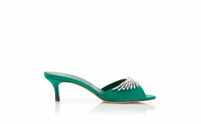 Women Green Satin Jewel Embellished Mules Manolo Blahnik Mules