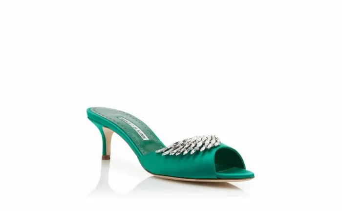 Women Green Satin Jewel Embellished Mules Manolo Blahnik Mules