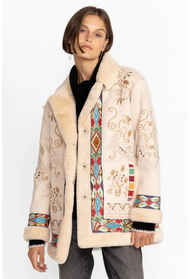 Women Hepburn Ski Fur Coat Cream Johnny Was Outerwear