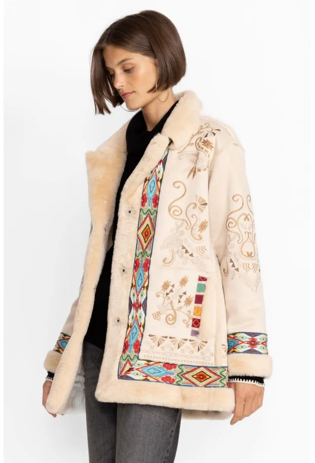 Women Hepburn Ski Fur Coat Cream Johnny Was Outerwear