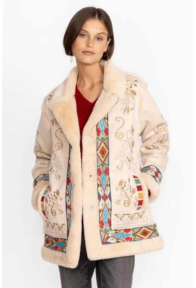 Women Hepburn Ski Fur Coat Cream Johnny Was Outerwear