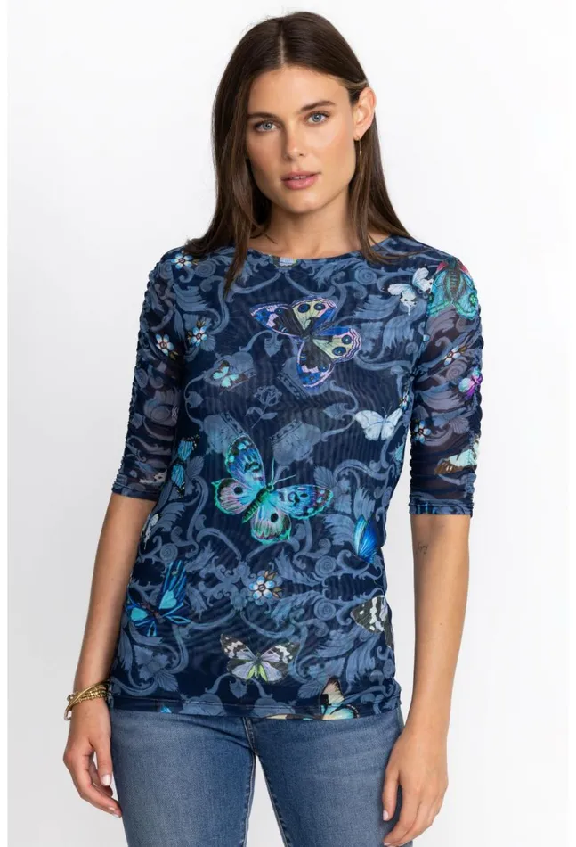 Women Holly Ruched Sleeve Mesh Top Holly Johnny Was Tops