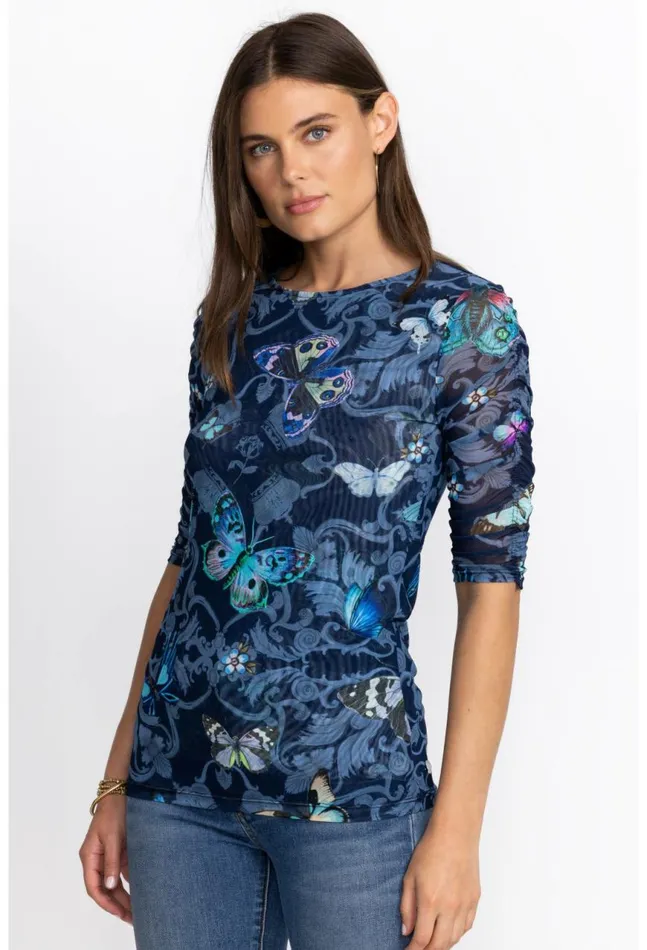 Women Holly Ruched Sleeve Mesh Top Holly Johnny Was Tops