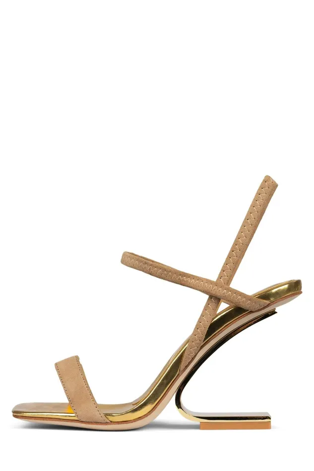 Women Jeffrey Campbell Heel GEOMETRIC Dark Natural Suede Gold