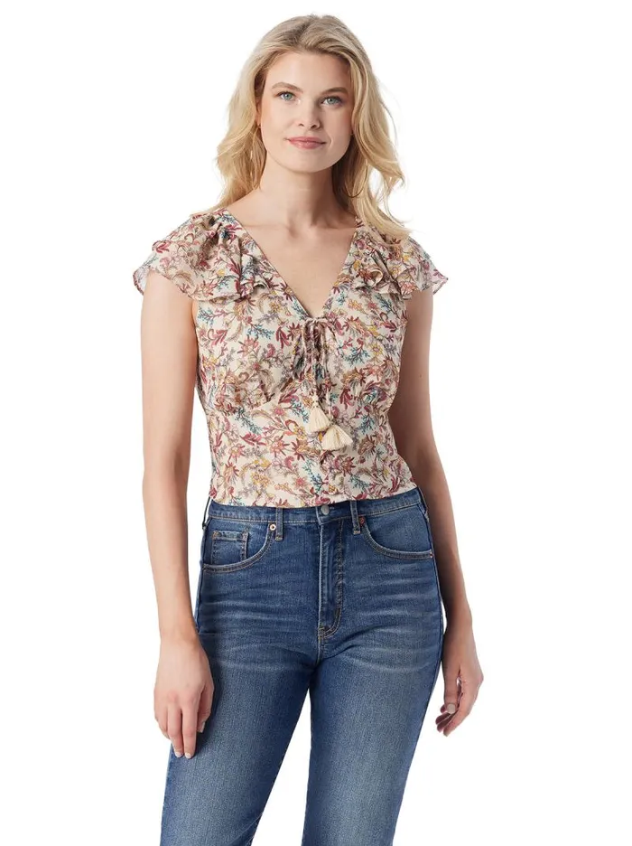 Women Jessica Simpson Tops and Tees Dixie Cropped Blouse In Cartoon Florals