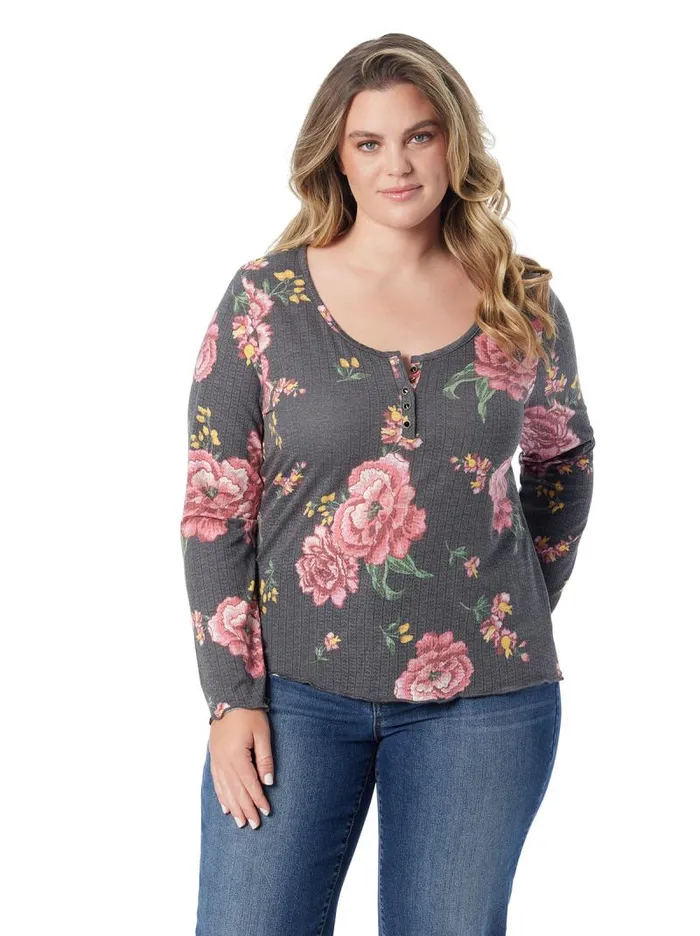 Women Jessica Simpson Tops and Tees Tahani Henley Top In Sketchy Roses