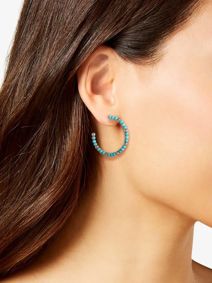 Women Jessica Simpson Turquoise Collection Turquoise Bead Hoop Earrings In Silver