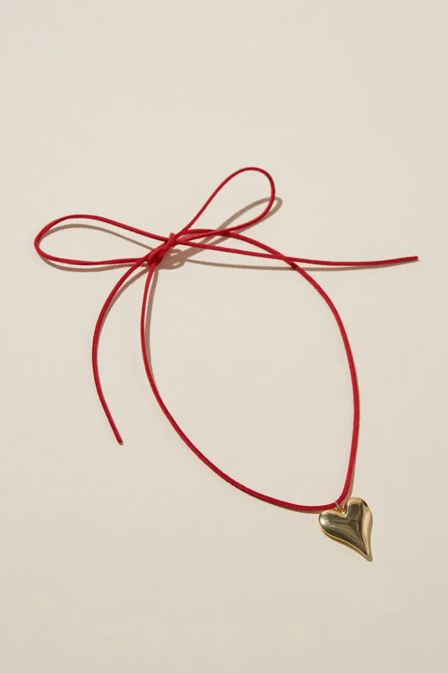 Women Jewelry Cotton On Cord Pendant Necklace Red Cord Gold Heart