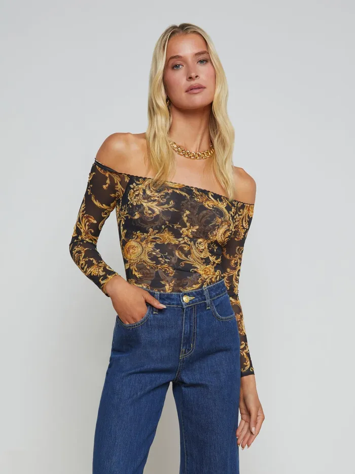 Women L039Agence Blouses and Tops Peonie OffTheShoulder Bodysuit Blackgold Barocco Swirl