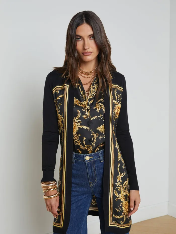 Women L039Agence Knitwear Beverly Silk Panel Cardigan Blackgold Barocco Swirl Scarf