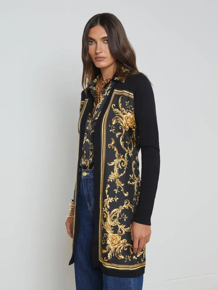 Women L039Agence Knitwear Beverly Silk Panel Cardigan Blackgold Barocco Swirl Scarf Women L039Agence Knitwear Beverly Silk Panel Cardigan Blackgold Barocco Swirl Scarf