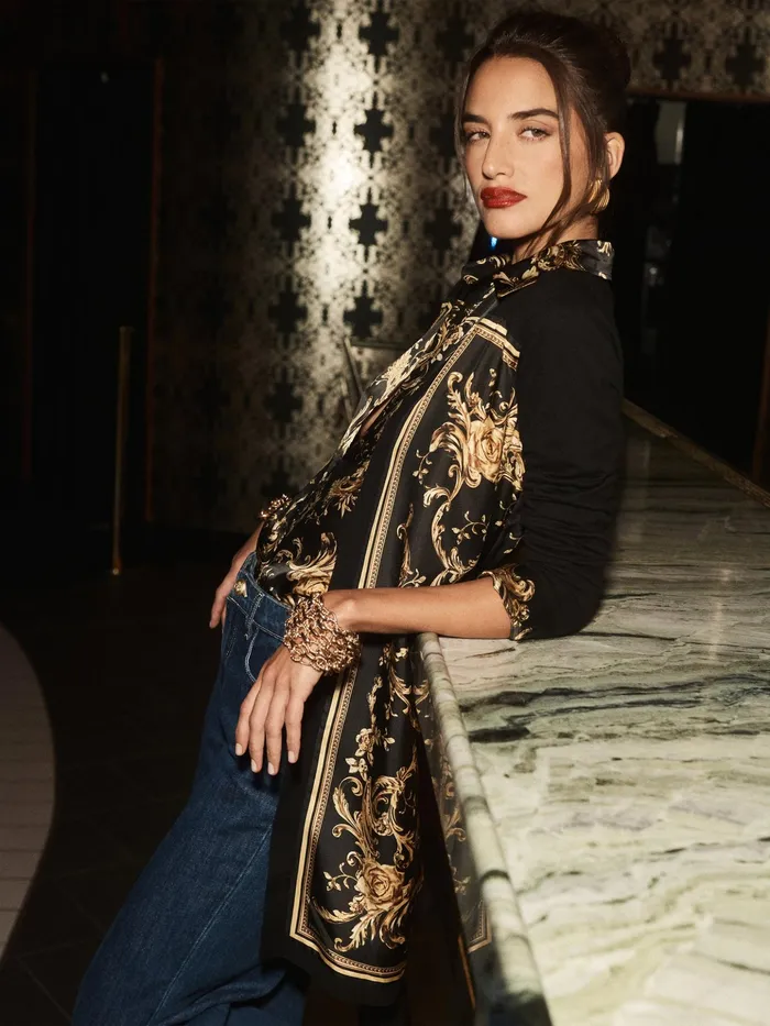 Women L039Agence Knitwear Beverly Silk Panel Cardigan Blackgold Barocco Swirl Scarf Women L039Agence Knitwear Beverly Silk Panel Cardigan Blackgold Barocco Swirl Scarf
