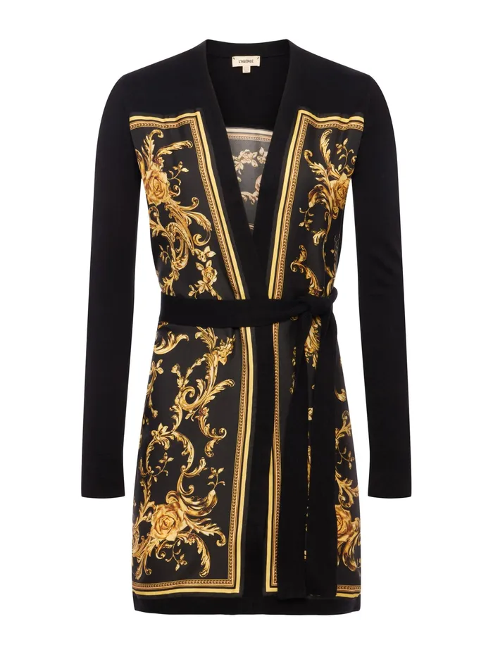 Women L039Agence Knitwear Beverly Silk Panel Cardigan Blackgold Barocco Swirl Scarf Women L039Agence Knitwear Beverly Silk Panel Cardigan Blackgold Barocco Swirl Scarf