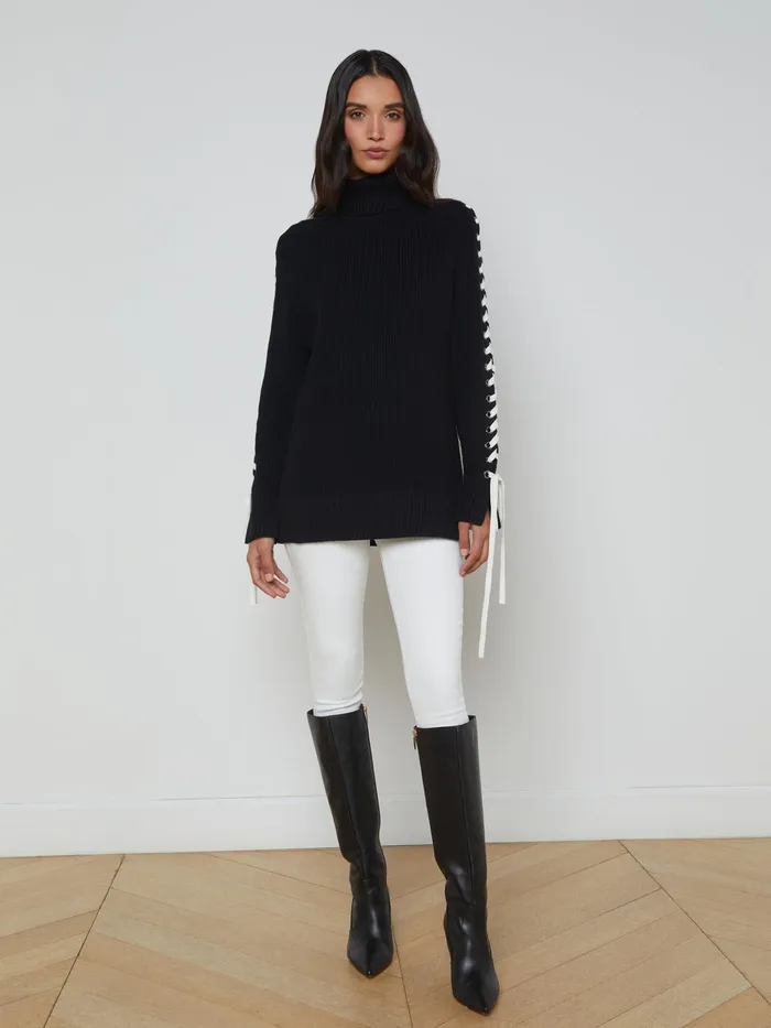 Women L039Agence Knitwear Nola LaceUp Turtleneck Blackivory Women L039Agence Knitwear Nola LaceUp Turtleneck Blackivory