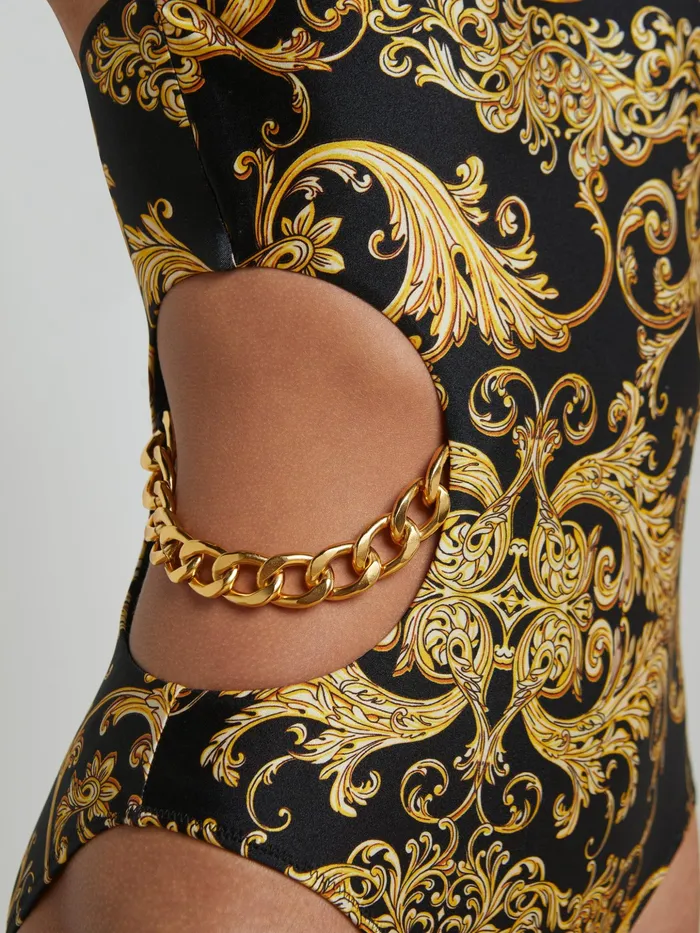 Women L039Agence Swimwear Ava Chain OnePiece Swimsuit Blackgold Barocco Swirl