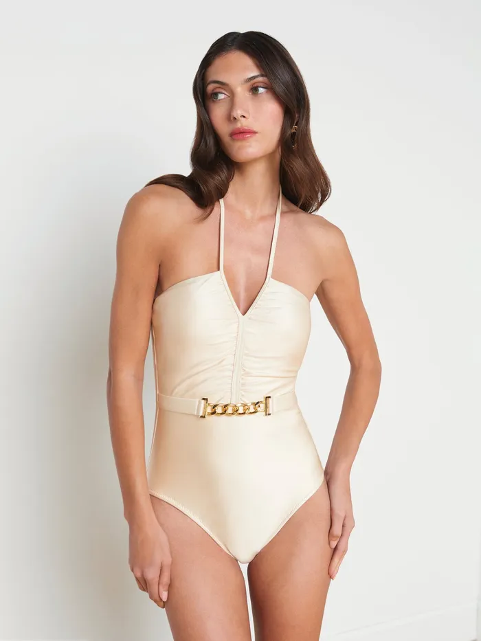 Women L039Agence Swimwear Leila Halter OnePiece Swimsuit Champagne Women L039Agence Swimwear Leila Halter OnePiece Swimsuit Champagne