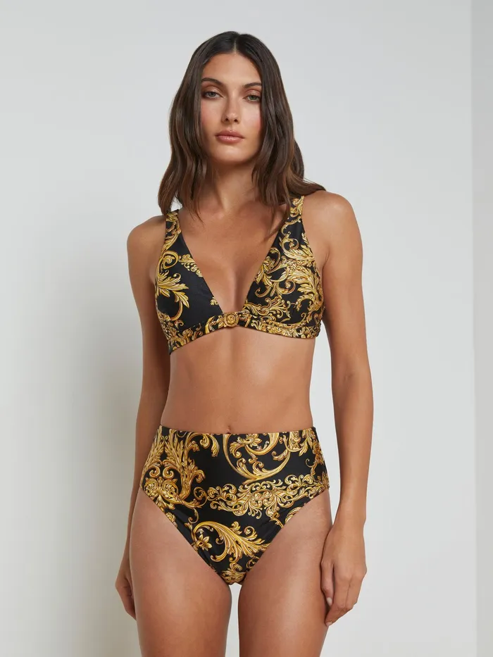 Women L039Agence Swimwear Vanessa HighWaisted Bikini Bottom Blackgold Barocco Swirl