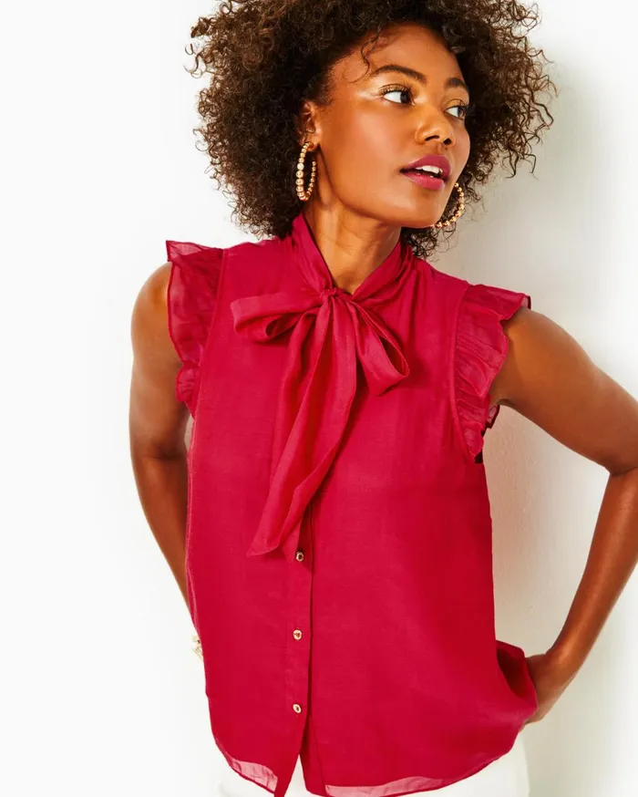 Women Lilly Pulitzer Tops Maddi Tie Neck Top Poinsettia Red