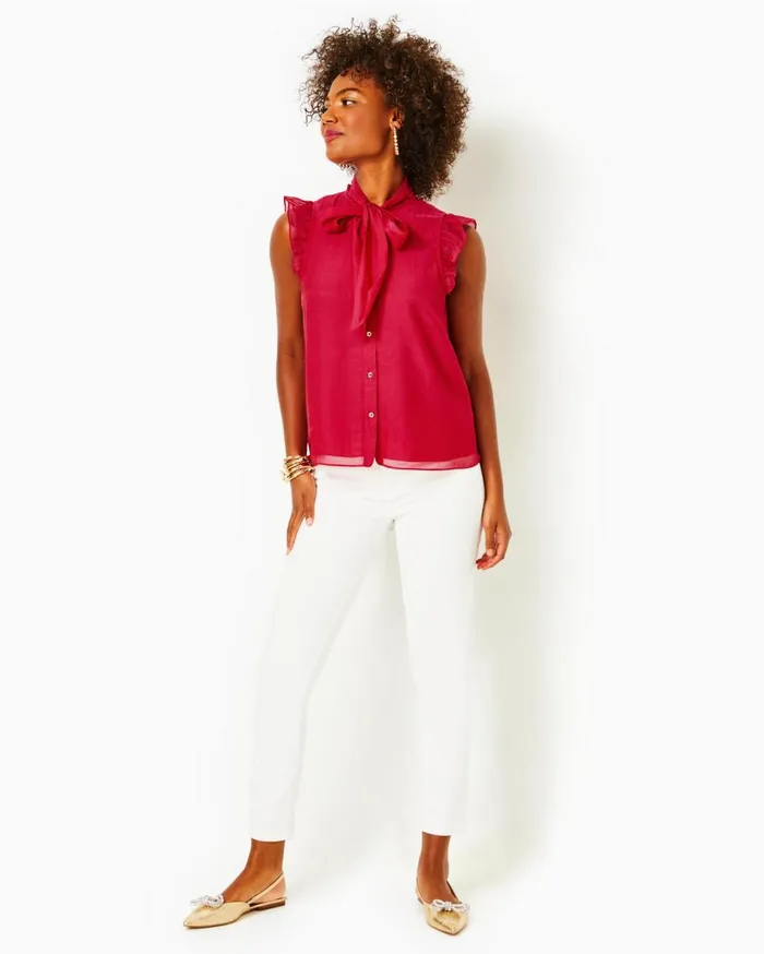 Women Lilly Pulitzer Tops Maddi Tie Neck Top Poinsettia Red Women Lilly Pulitzer Tops Maddi Tie Neck Top Poinsettia Red