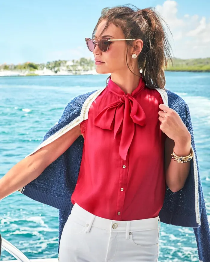Women Lilly Pulitzer Tops Maddi Tie Neck Top Poinsettia Red Women Lilly Pulitzer Tops Maddi Tie Neck Top Poinsettia Red