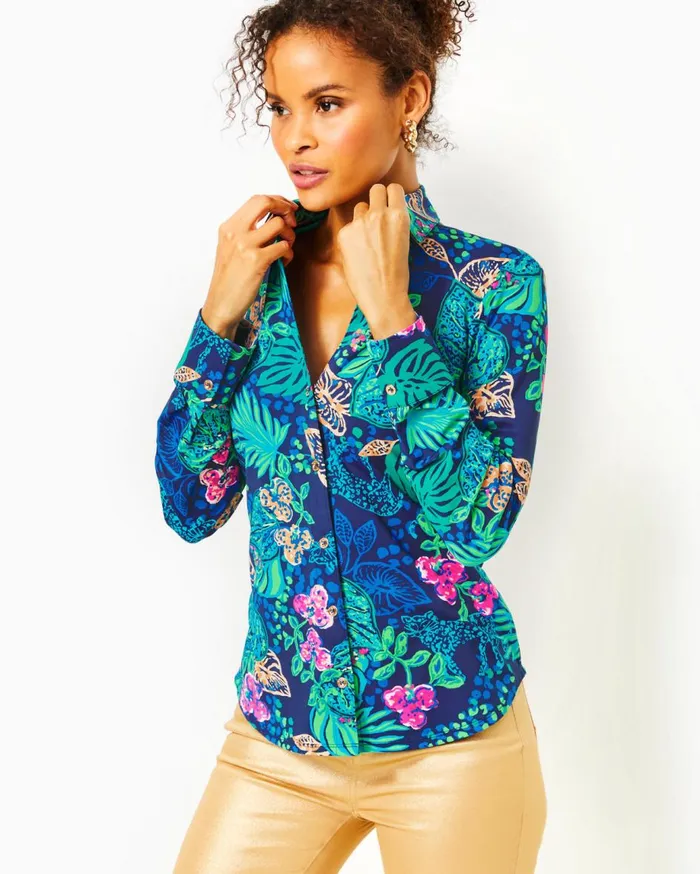 Women Lilly Pulitzer Tops UPF 50 ChillyLilly Marlena Button Down Top Multi Spring In Your Step