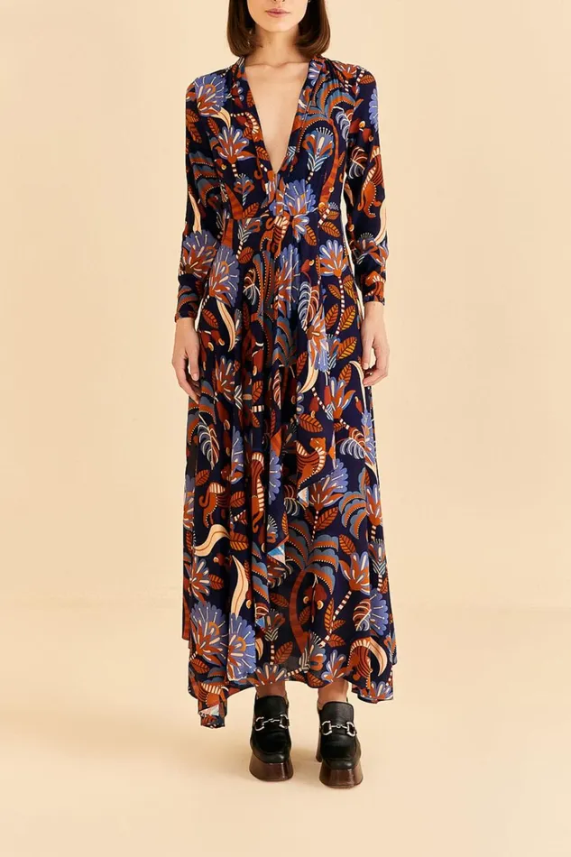 Women Maxi Dresses Farm Rio Blue Nature Beauty Long Sleeve Maxi Dress