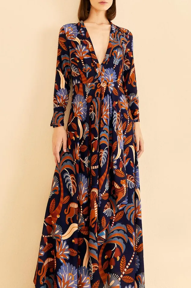 Women Maxi Dresses Farm Rio Blue Nature Beauty Long Sleeve Maxi Dress