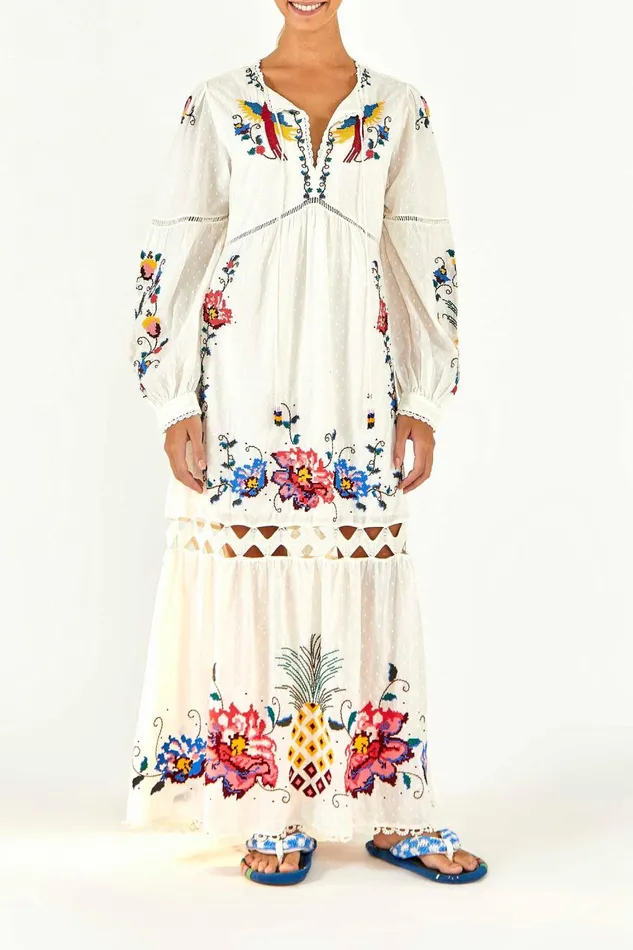 Women Maxi Dresses Farm Rio Macaw Cross Stitch Embroidered Maxi Dress