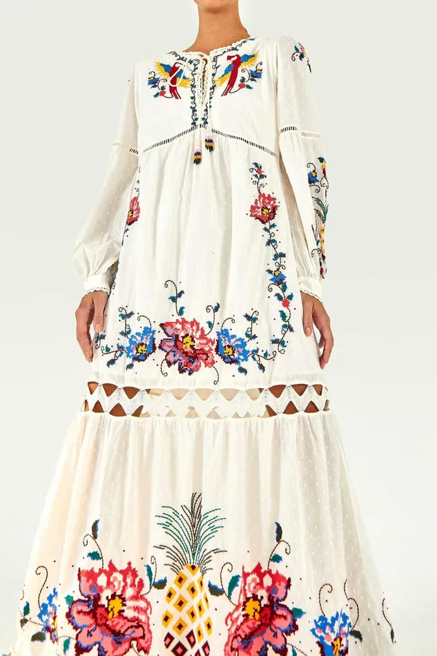 Women Maxi Dresses Farm Rio Macaw Cross Stitch Embroidered Maxi Dress