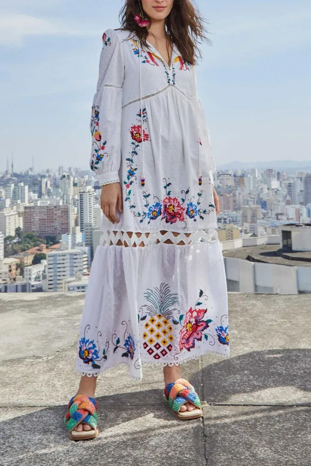 Women Maxi Dresses Farm Rio Macaw Cross Stitch Embroidered Maxi Dress