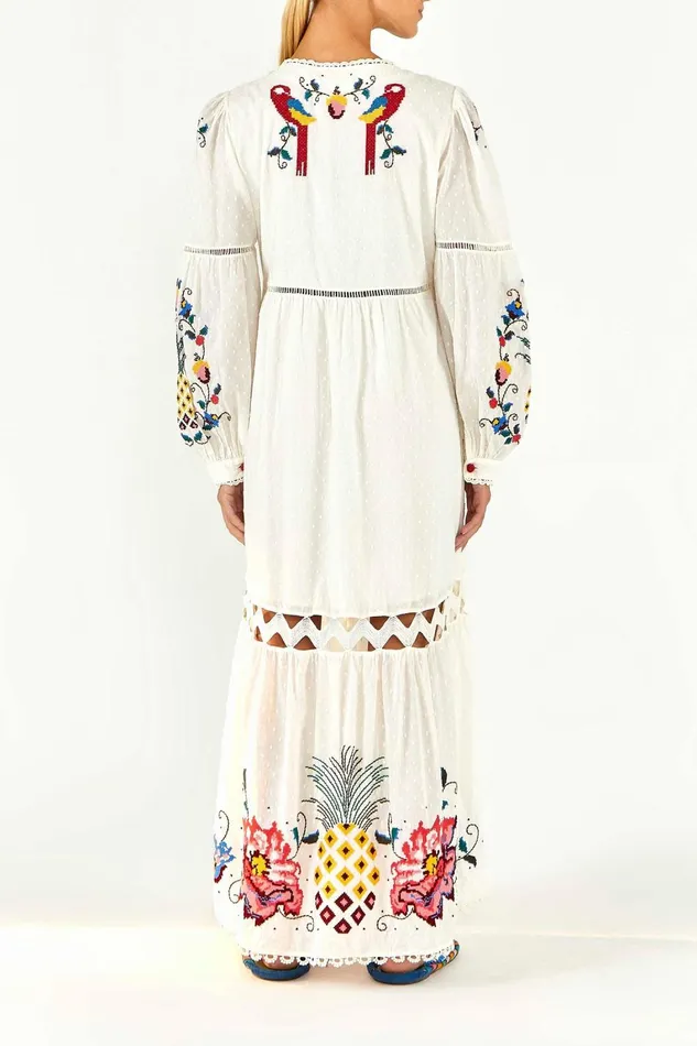 Women Maxi Dresses Farm Rio Macaw Cross Stitch Embroidered Maxi Dress
