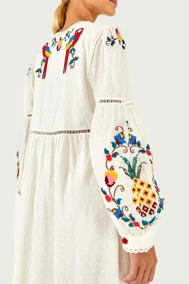 Women Maxi Dresses Farm Rio Macaw Cross Stitch Embroidered Maxi Dress