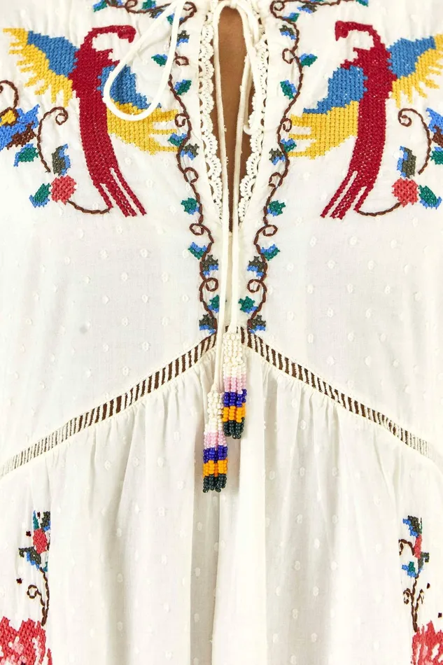 Women Maxi Dresses Farm Rio Macaw Cross Stitch Embroidered Maxi Dress