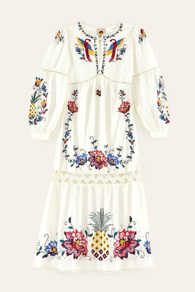 Women Maxi Dresses Farm Rio Macaw Cross Stitch Embroidered Maxi Dress